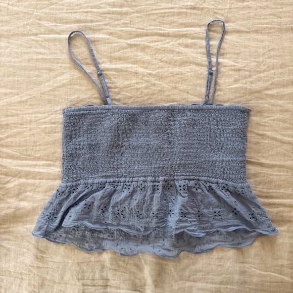 Aerie Blue Eyelet Lace Smocked Tank Top Cotton Blouse Small - Picture 2 of 5